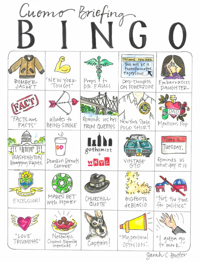 A bingo card with things that Governor Cuomo usually mentions at his briefings